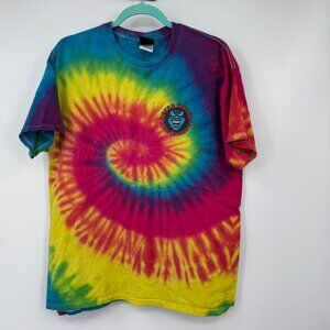 This item is a Santa Cruz Skateboards "Speed Wheels" tie-dye t-shirt featuring t